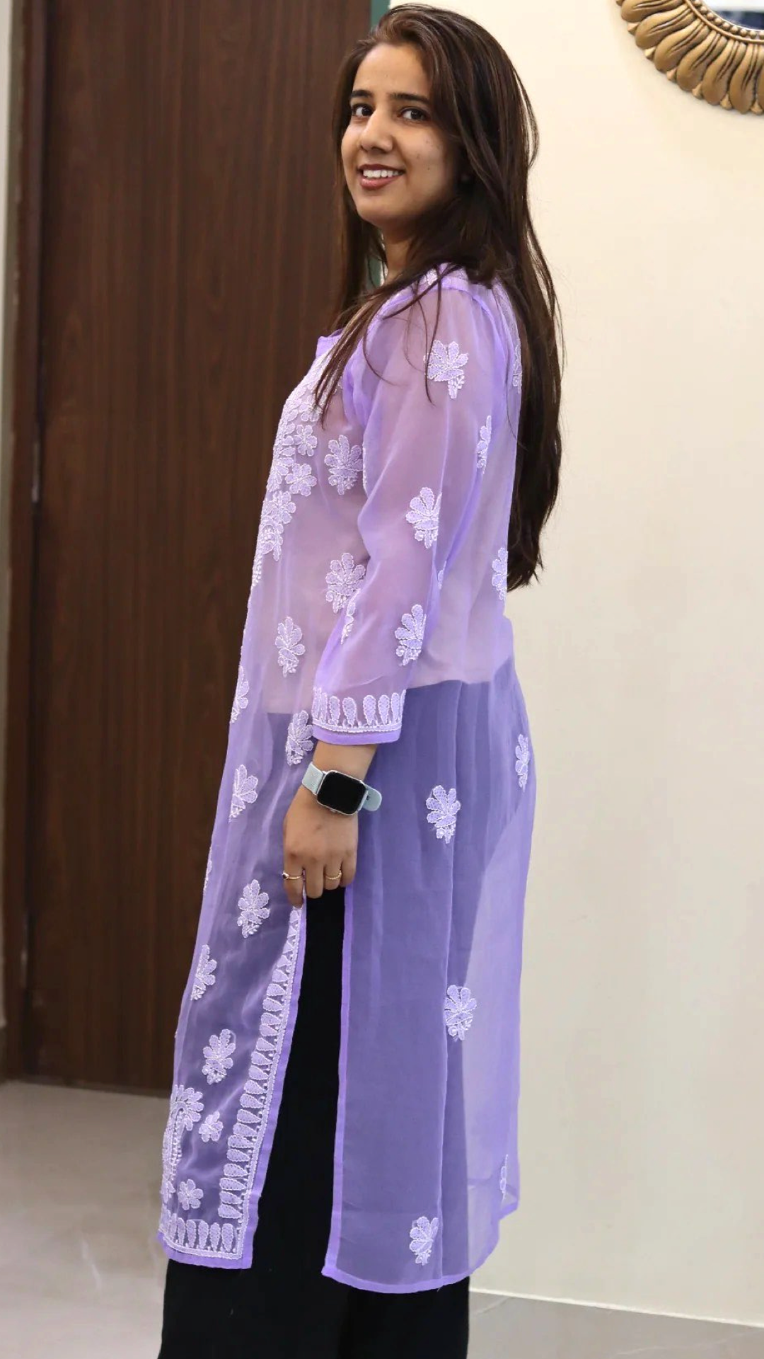 Chiffon Transparent Kurti with heavy embroidery on neck