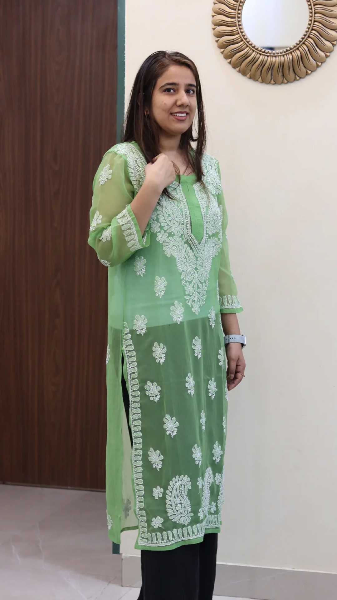 Chiffon Transparent Kurti with heavy embroidery on neck