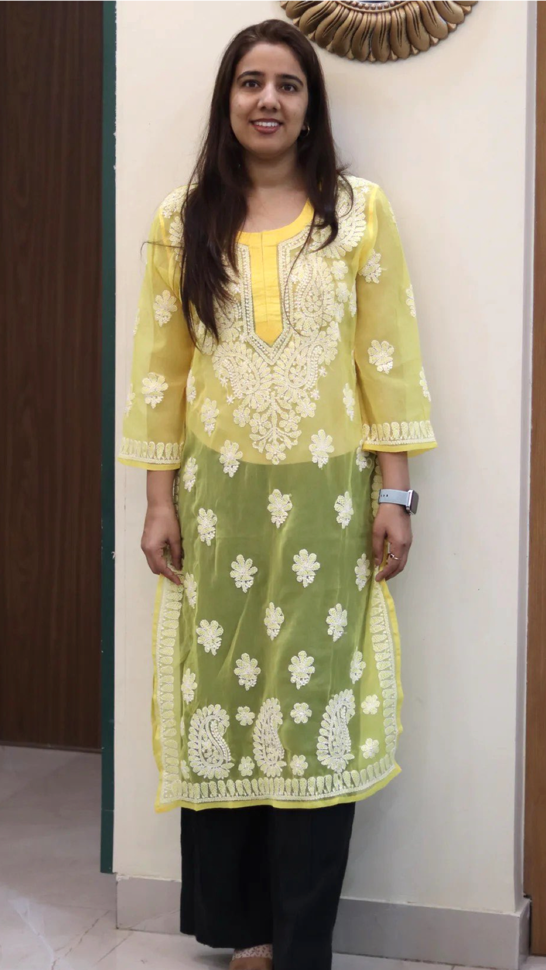 Chiffon Transparent Kurti with heavy embroidery on neck