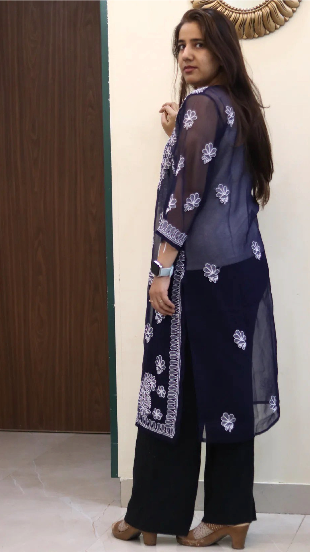 Chiffon Transparent Kurti with heavy embroidery on neck