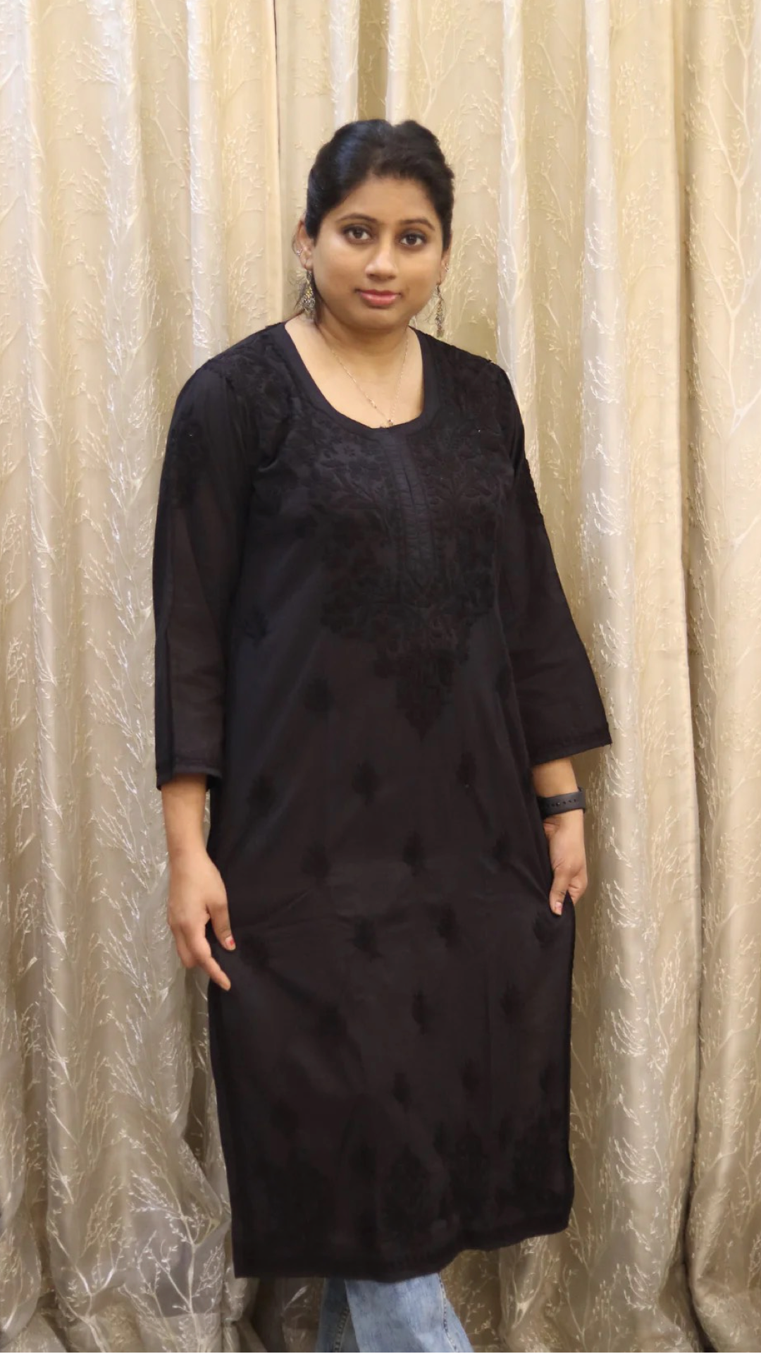 Chikankari Black Kurti with heavy embroidery on neck