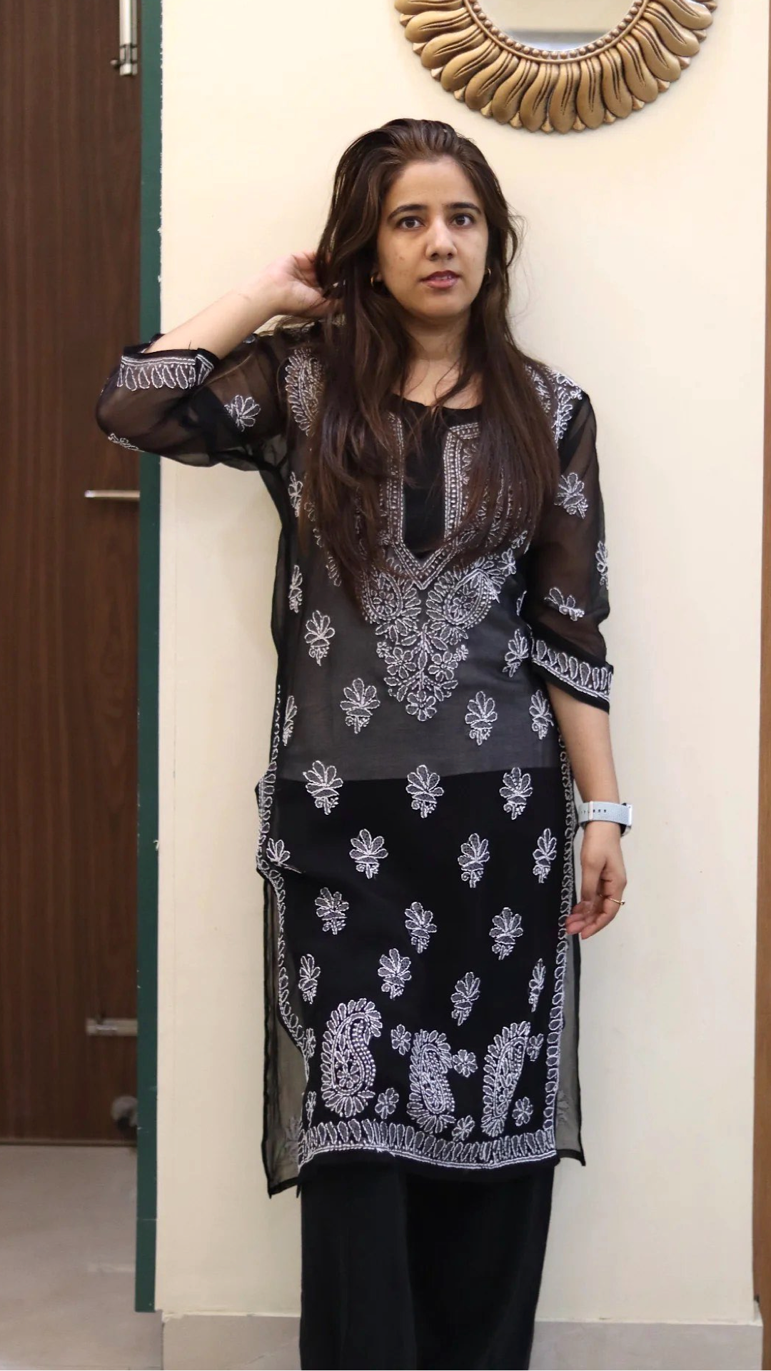 Chiffon Transparent Kurti with heavy embroidery on neck