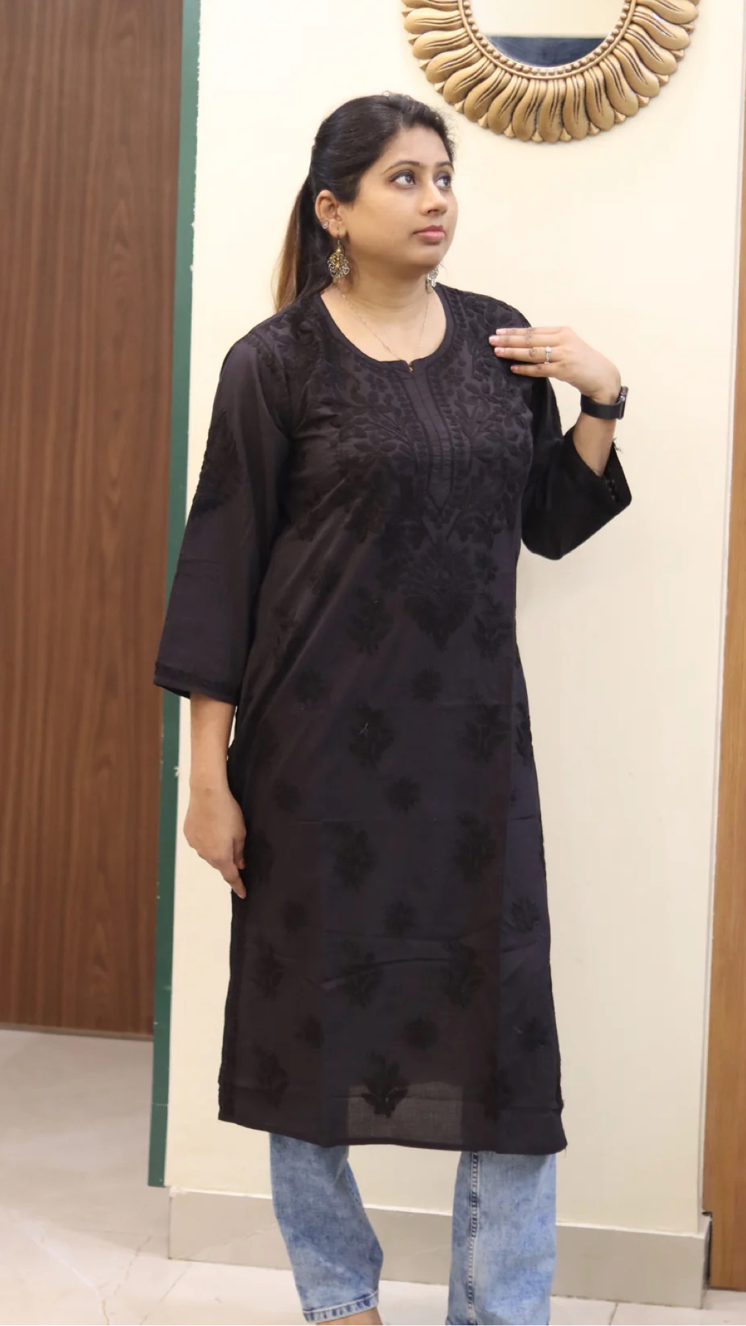 Chikankari Black Kurti with heavy embroidery on neck