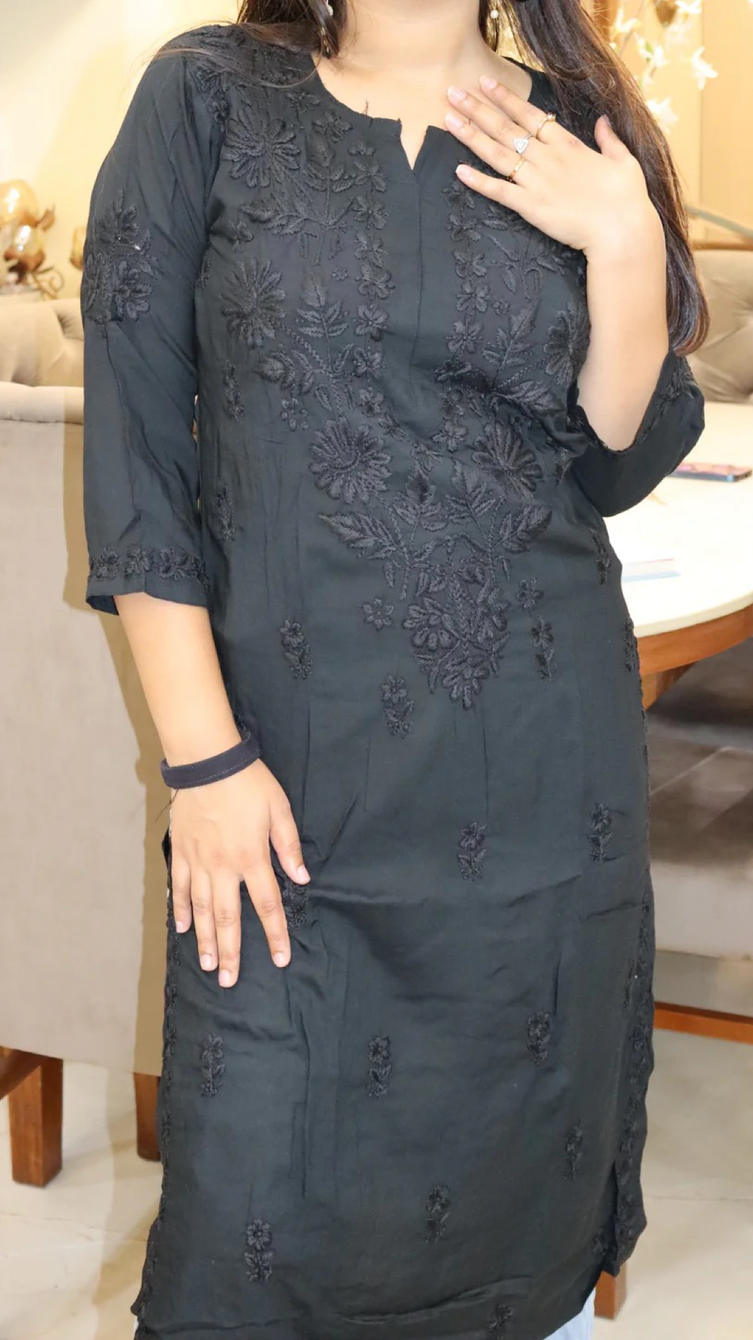 Chikankari Kurti with heavy embroidery on neck