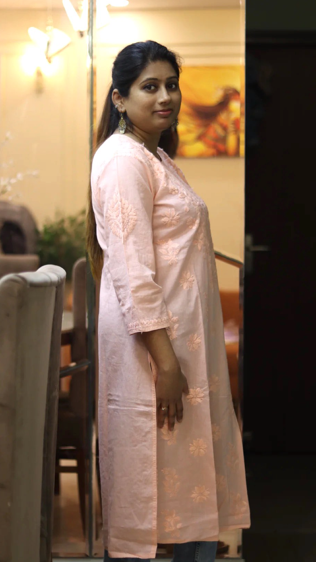 Chikankari Peach Kurti with heavy embroidery on neck