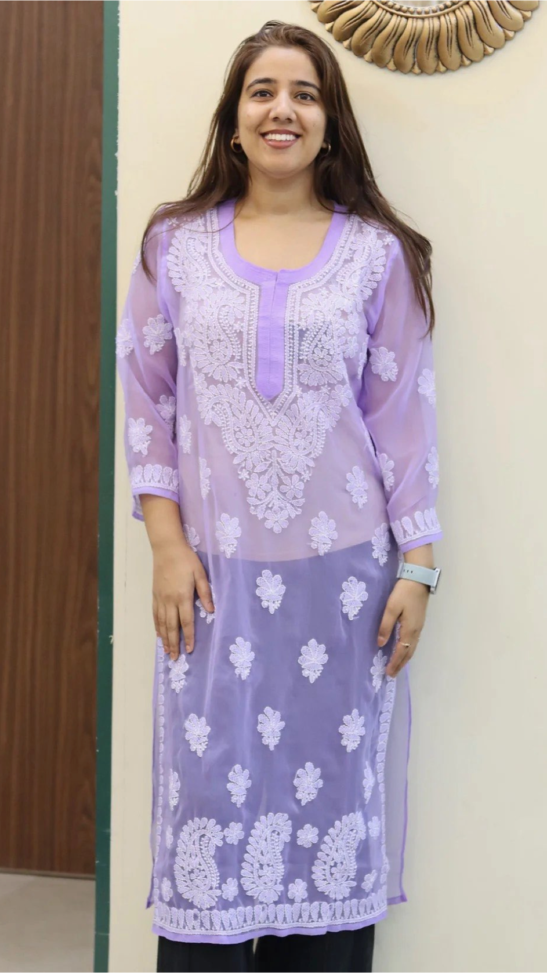 Chiffon Transparent Kurti with heavy embroidery on neck