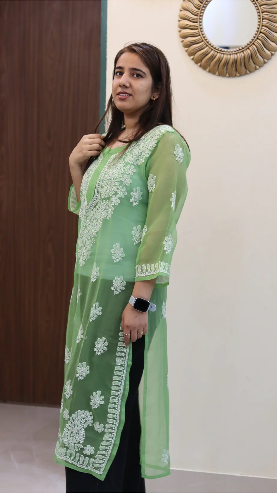 Chiffon Transparent Kurti with heavy embroidery on neck