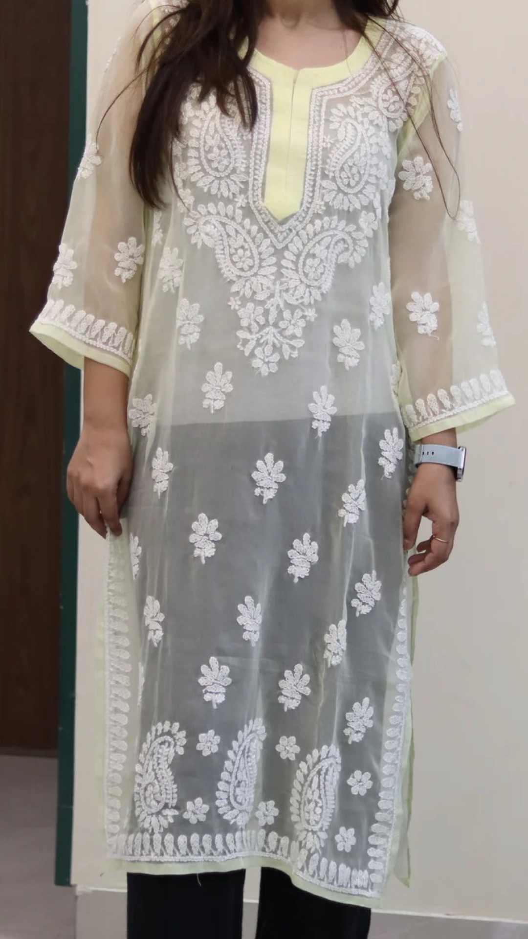 Chiffon Transparent Kurti with heavy embroidery on neck