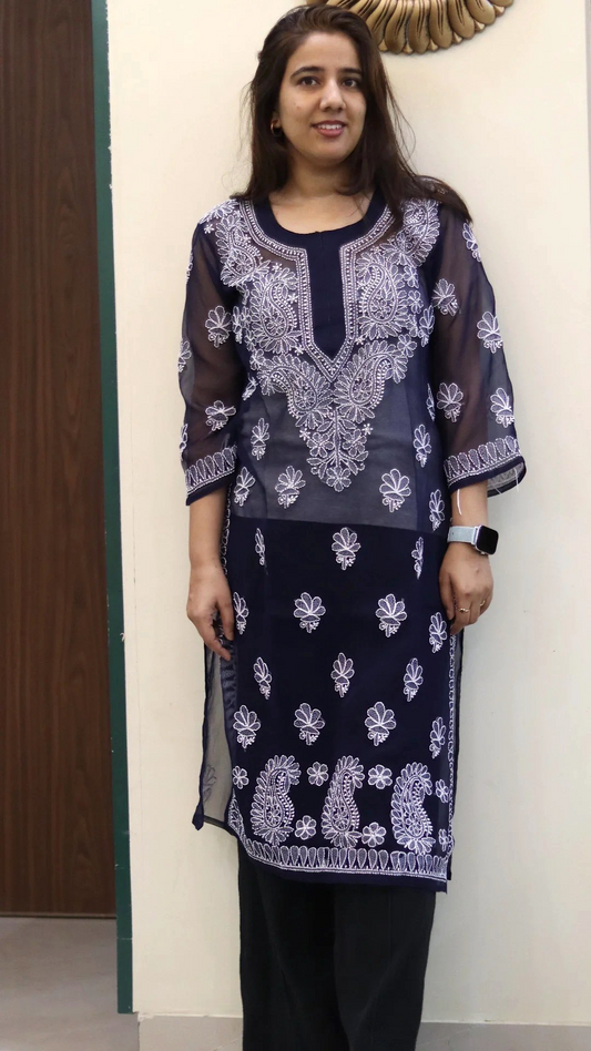 Chiffon Transparent Kurti with heavy embroidery on neck