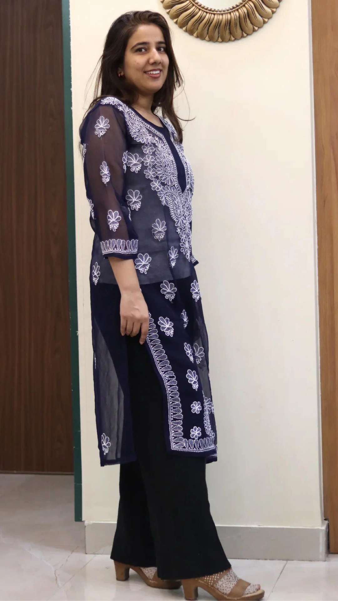 Chiffon Transparent Kurti with heavy embroidery on neck