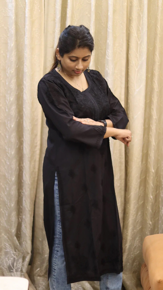 Chikankari Black Kurti with heavy embroidery on neck