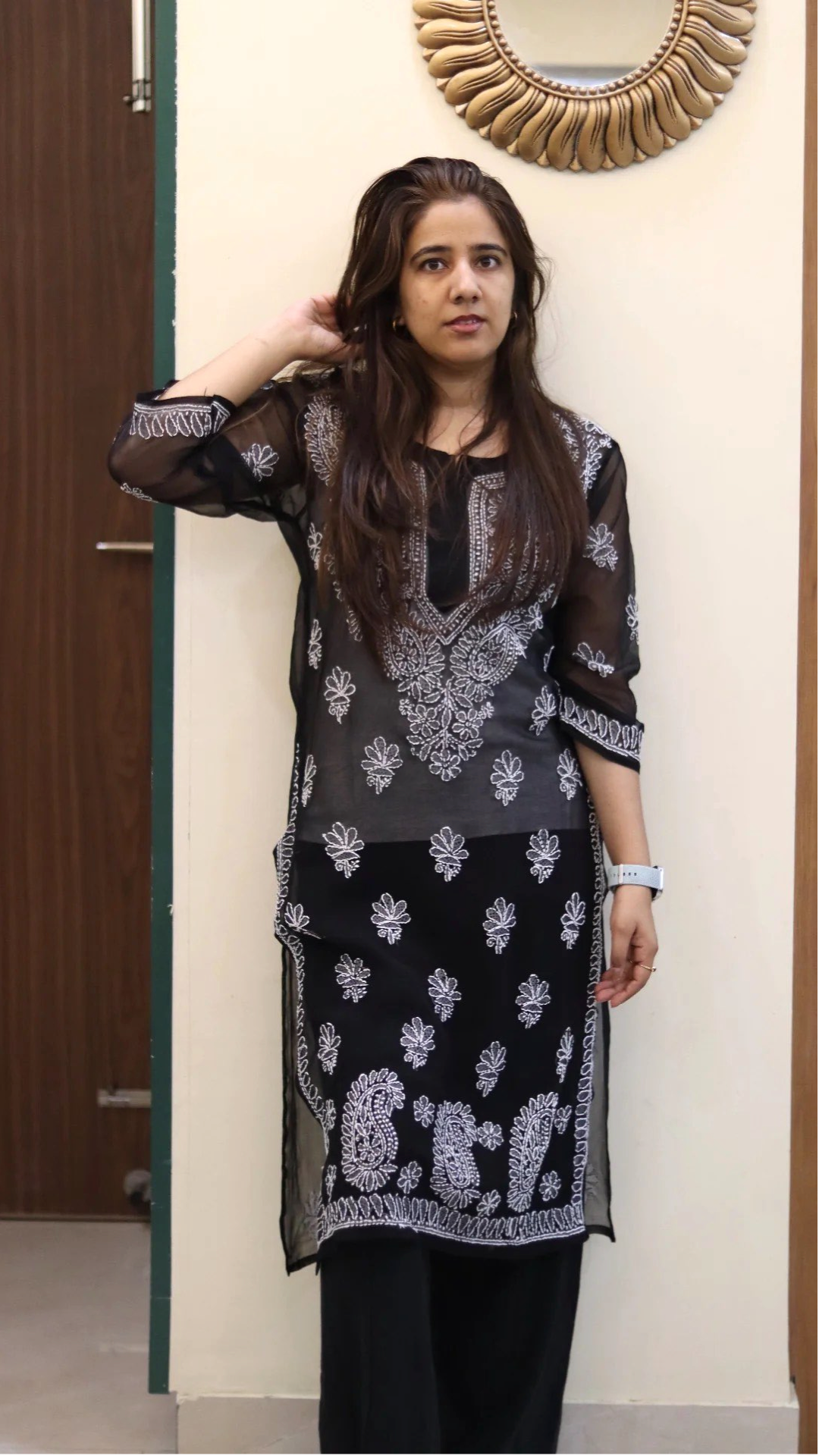 Chiffon Transparent Kurti with heavy embroidery on neck