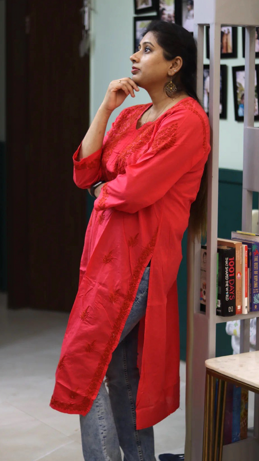 Chikankari cotton kurti with embroidery work