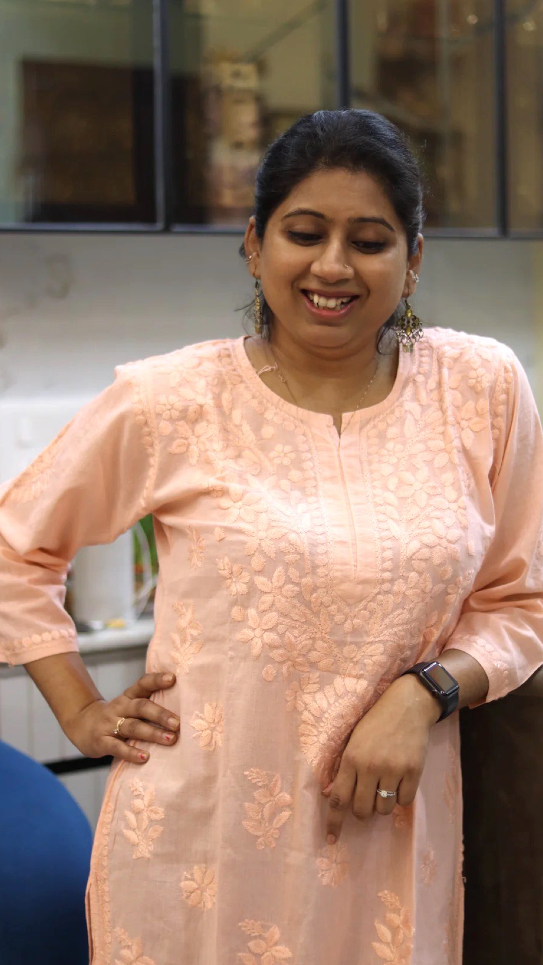 Chikankari Peach Kurti with heavy embroidery on neck