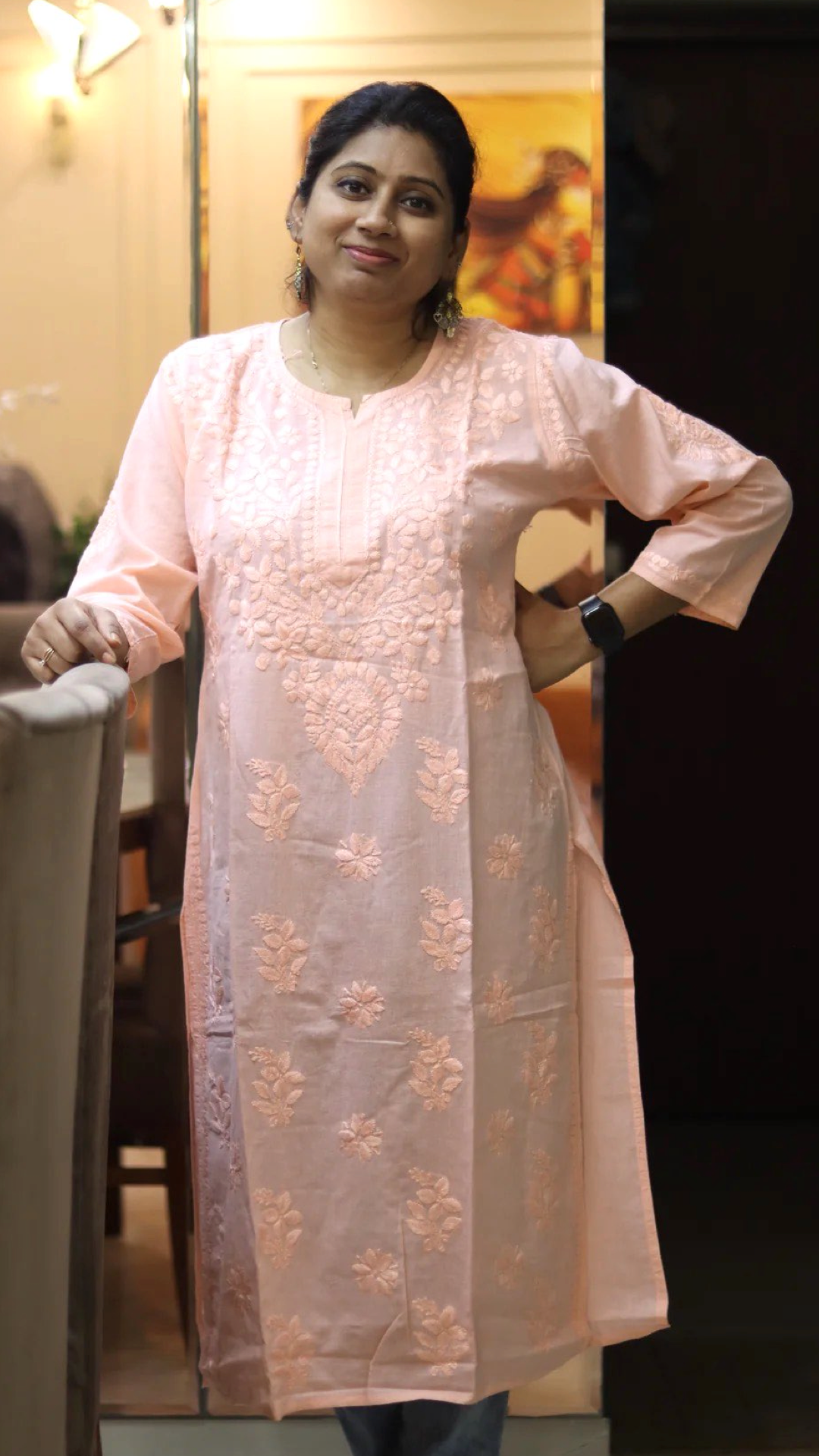 Chikankari Peach Kurti with heavy embroidery on neck