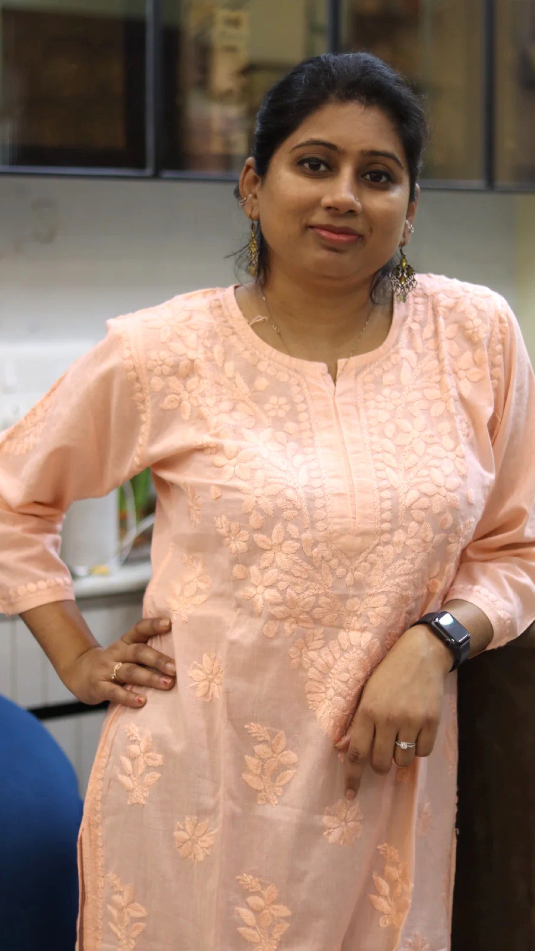 Chikankari Peach Kurti with heavy embroidery on neck