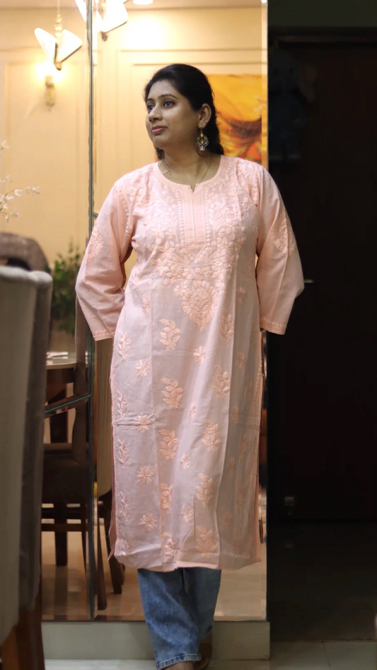 Chikankari Peach Kurti with heavy embroidery on neck