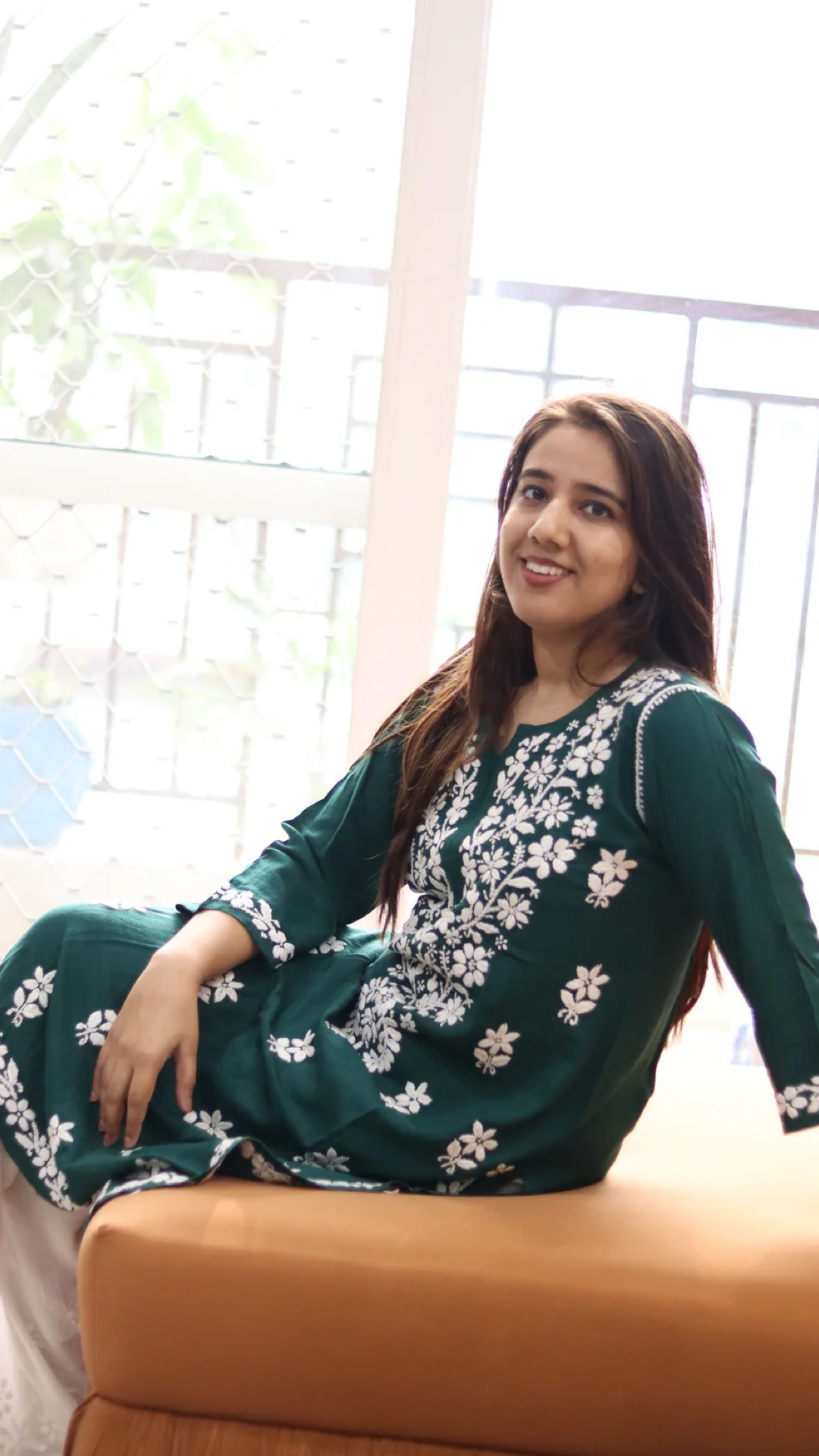 Green Kurti with full white embroidery