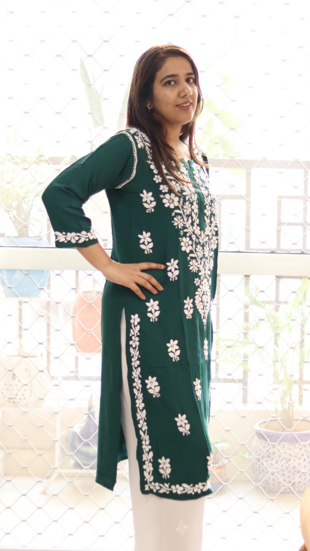 Green Kurti with full white embroidery