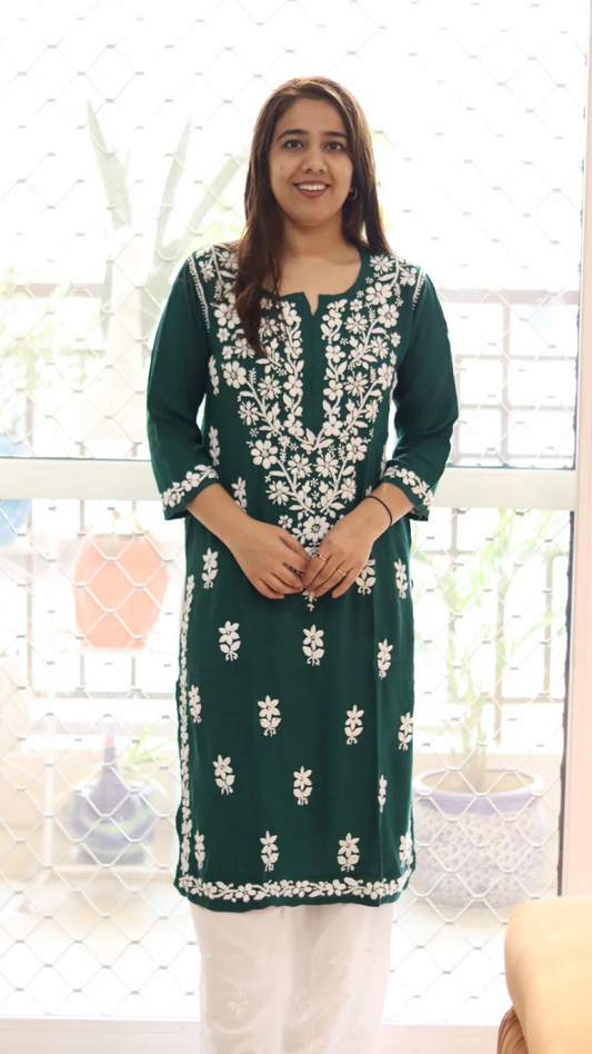 Green Kurti with full white embroidery