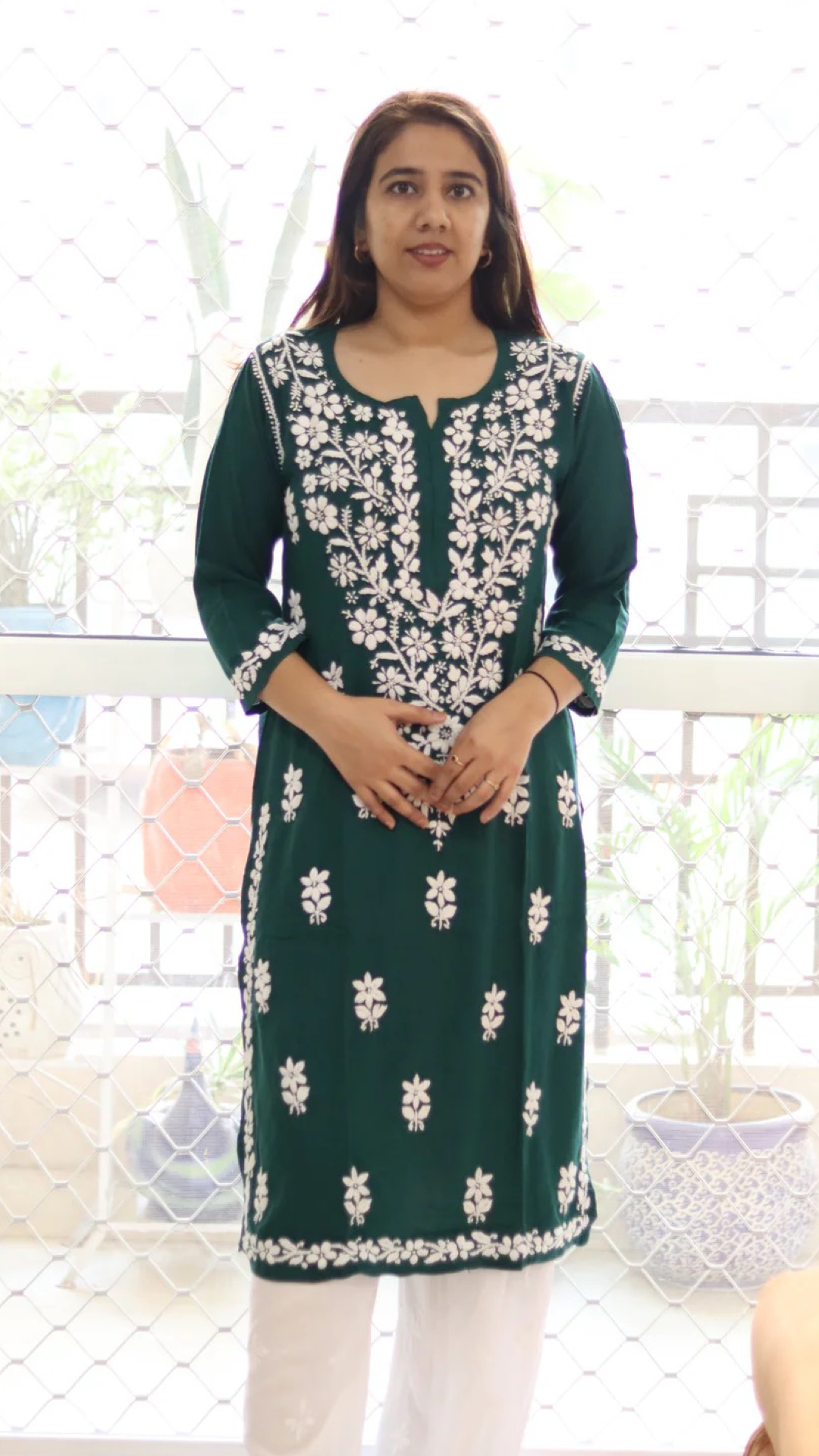 Green Kurti with full white embroidery