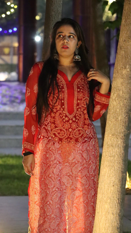 Red Chiffon Transparent Kurti with full embroidery