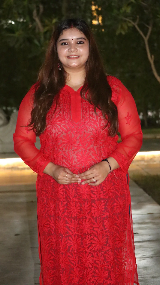 Red Kurti with full Red thread embroidery