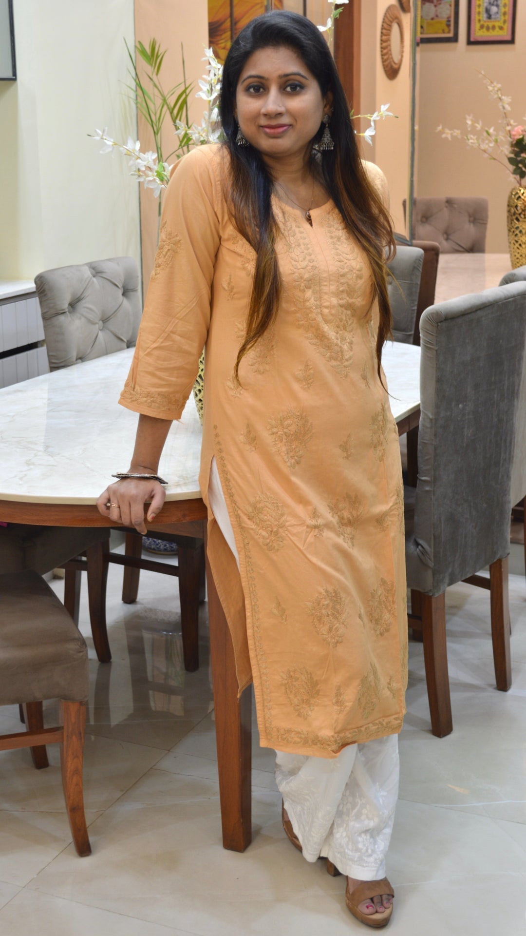 Chikankari chanderi cotton kurti with embroidery work